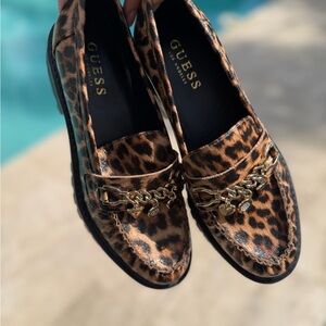 GUESS Leopard Print Calf Hair Lug Sole Loafers with Gold Charms